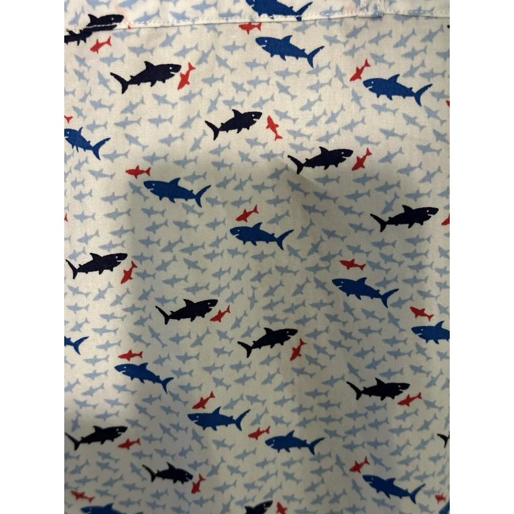 Johnston Murphy Men’s Large Shirt White Blue Geometric Shark Print Short Sleeve - Picture 8 of 11